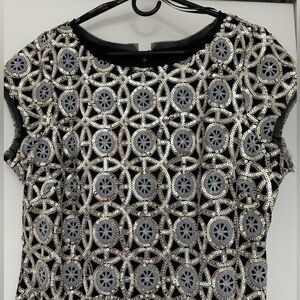 Vince Camuto cocktail dress. Very sparkly. Silver sequin pattern on black Sz 14